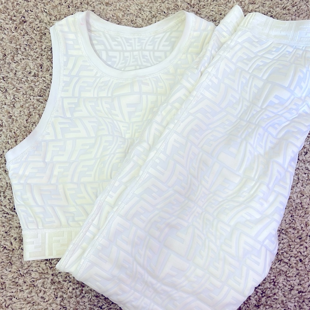 White Fendi Embossed Two piece legging set